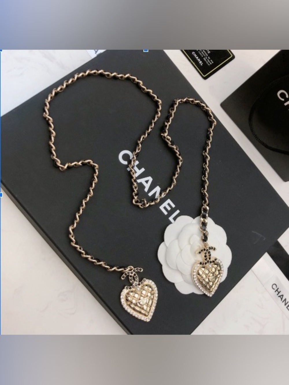CHANEL Silver Crystal Double Heart Tie Necklace